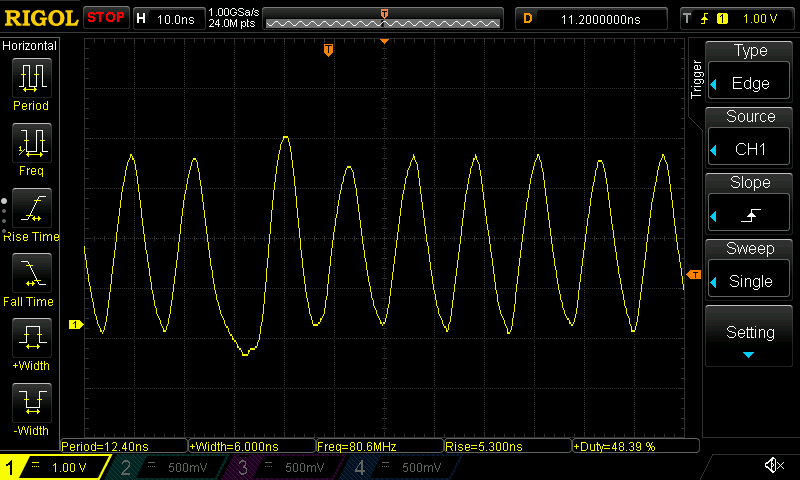 A trace of a sinusoidal waveform with a frequency of 80.6 ⁠MHz and a duty cycle of 48.4%