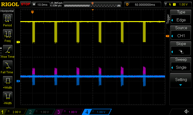 An oscilloscope screenshot showing three traces, each showing short   bursts of pulses, each burst about 16 ⁠ms apart.