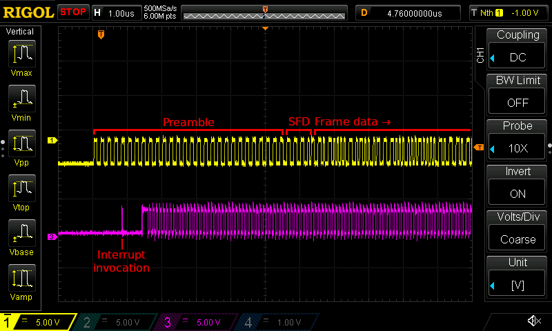 Two oscilloscope traces: one trace which oscillates frequently, and   another trace which is briefly idle before showing a pulse followed by   oscillations.