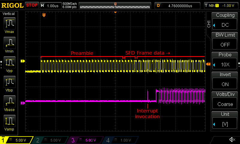 Two oscilloscope traces: one trace which oscillates frequently, and   another trace which is idle for a long time before showing a pulse followed by   oscillations.