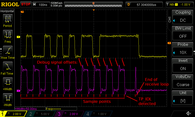 Two oscilloscope traces: one trace oscillating frequently until falling   idle, and another trace showing a steady 10 ⁠MHz oscillation before falling   idle as well.