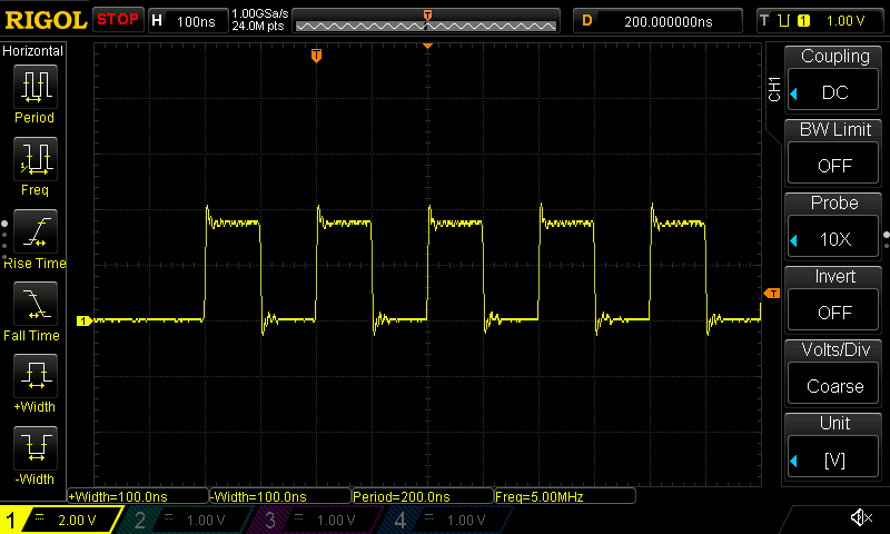 A trace showing a precisely 5 ⁠MHz waveform.