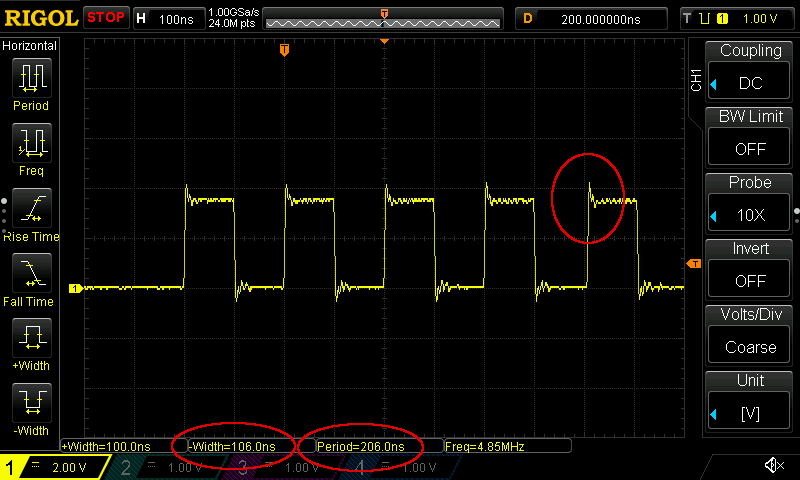 A trace showing an almost-precisely 5 ⁠MHz waveform, but with one slower-than-5 ⁠MHz cycle.