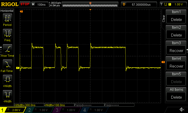 A trace that ends in a 300 ⁠ns long high signal followed by a low signal.