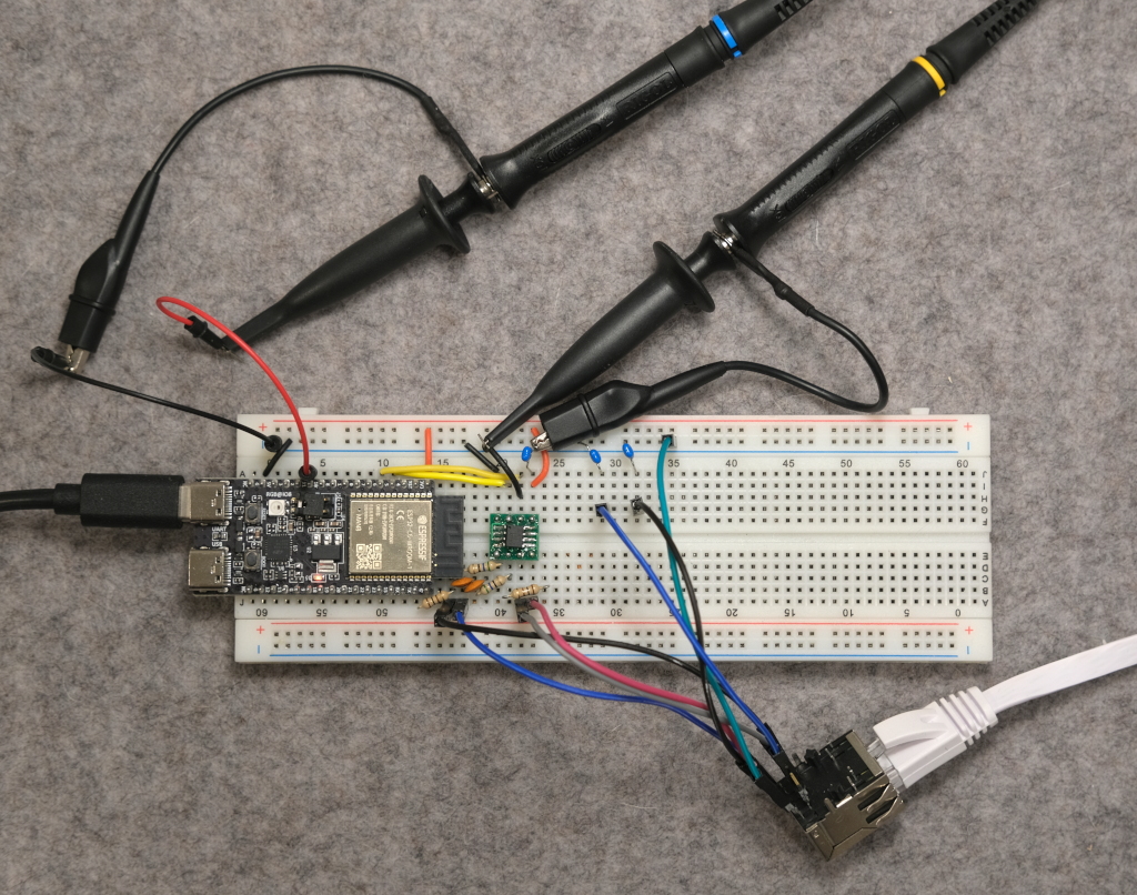 A picture of an ESP32-C6 chip attached to a breadboard.